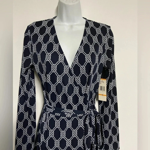 Navy Blue White Chain Link True Wrap Dress Small Timeless Classic Party Career - Picture 5 of 13